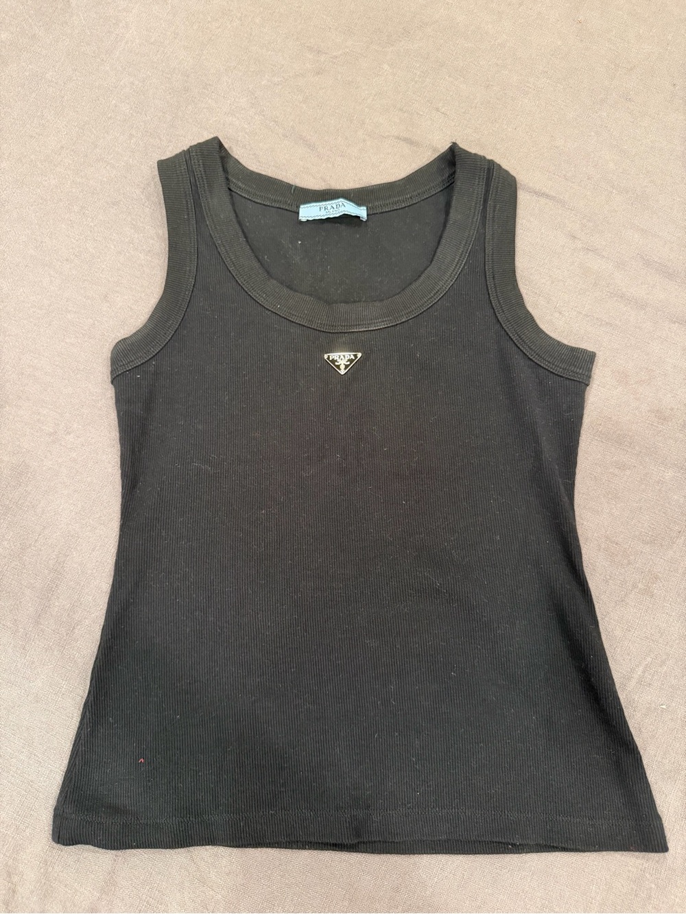 Prada Black Ribbed Tank with Triangle Logo Plaque